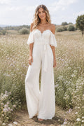 Ivory Off-the-Shoulder Sweetheart Flutter Sleeve Lace Satin Floor-Length Bridal Jumpsuit with Flutter Sleeves and Wide Leg Pa