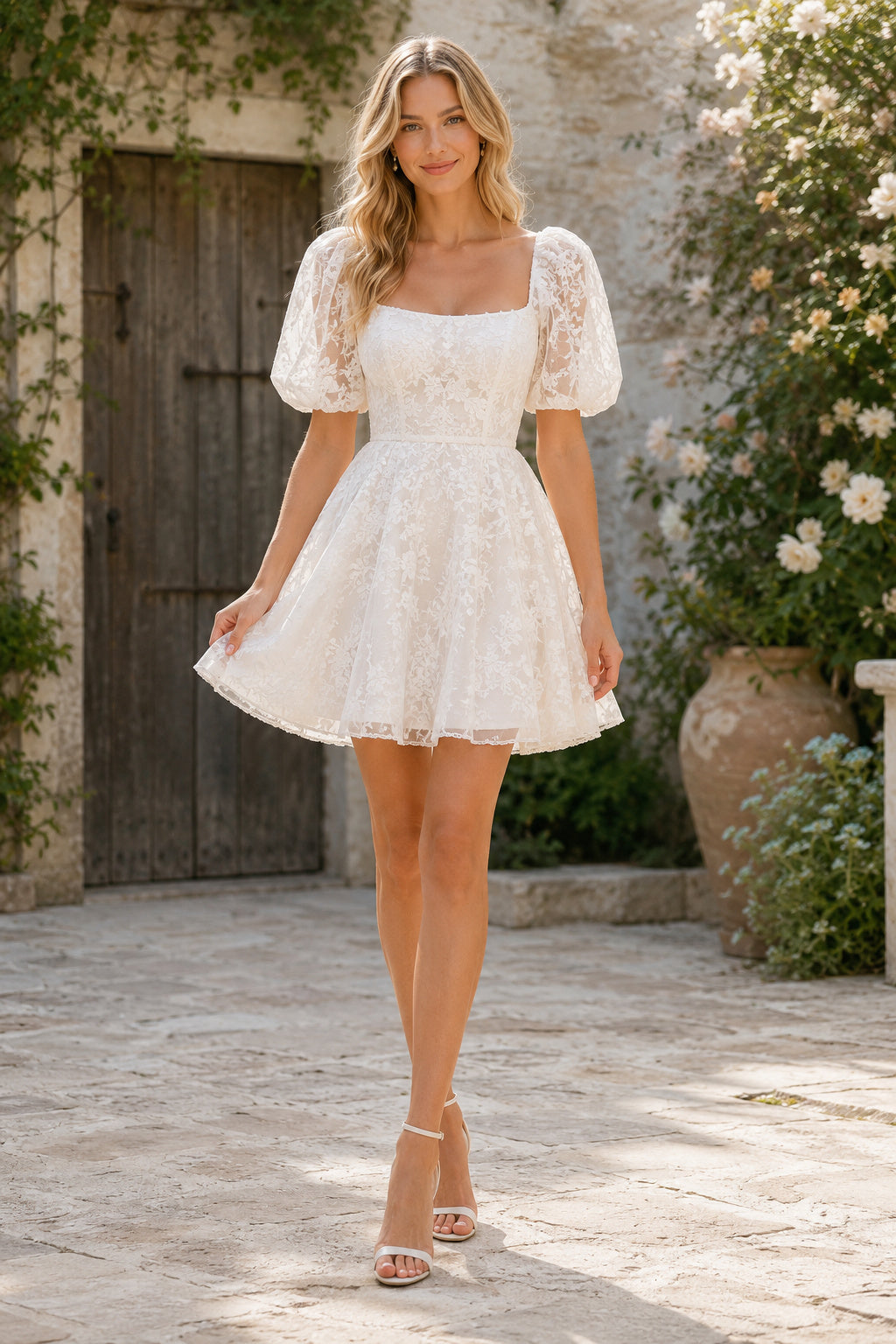 Ivory Square Neck Puff Sleeve Lace Mini Dress For Reception for Wedding Reception and Party front view