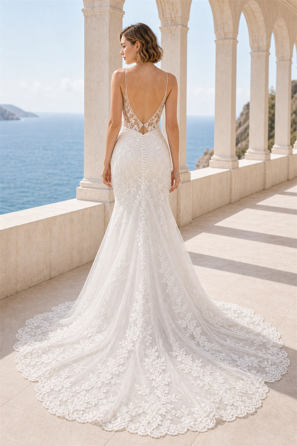 White Halter A-Line Lace Floor-length Wedding Dress With Lace and Layered Skirt and Open Back