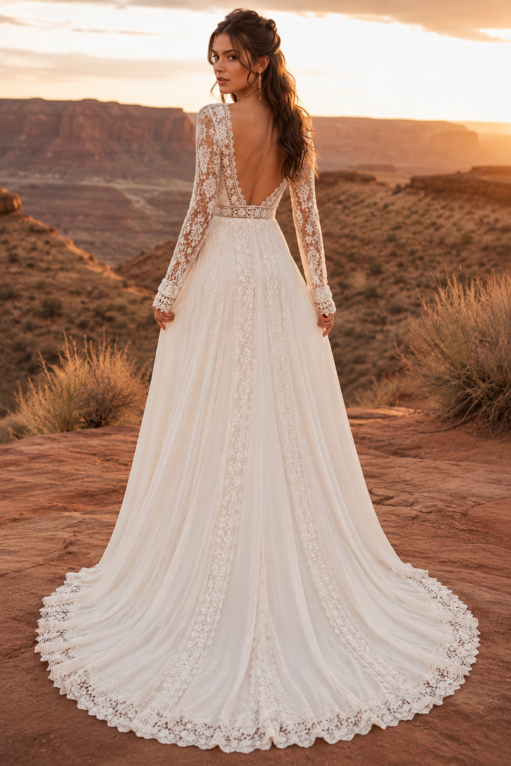 Ivory Long Sleeve V-Neck Lace Tulle A-Line Wedding Dress Split Train for Wedding Ceremony and Reception back view