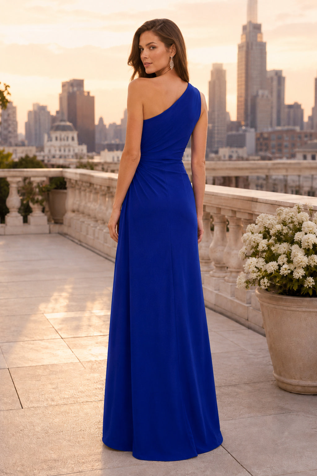 Royal Blue One-Shoulder Chiffon A-Line Dress with Front Slit – Ms. Grace