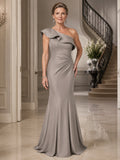 Steel Grey Classy Unusual Mother Dress One-Shoulder Cascading Ruffle Sleeveless Mermaid Floor-Length Sweep Train Gown front v