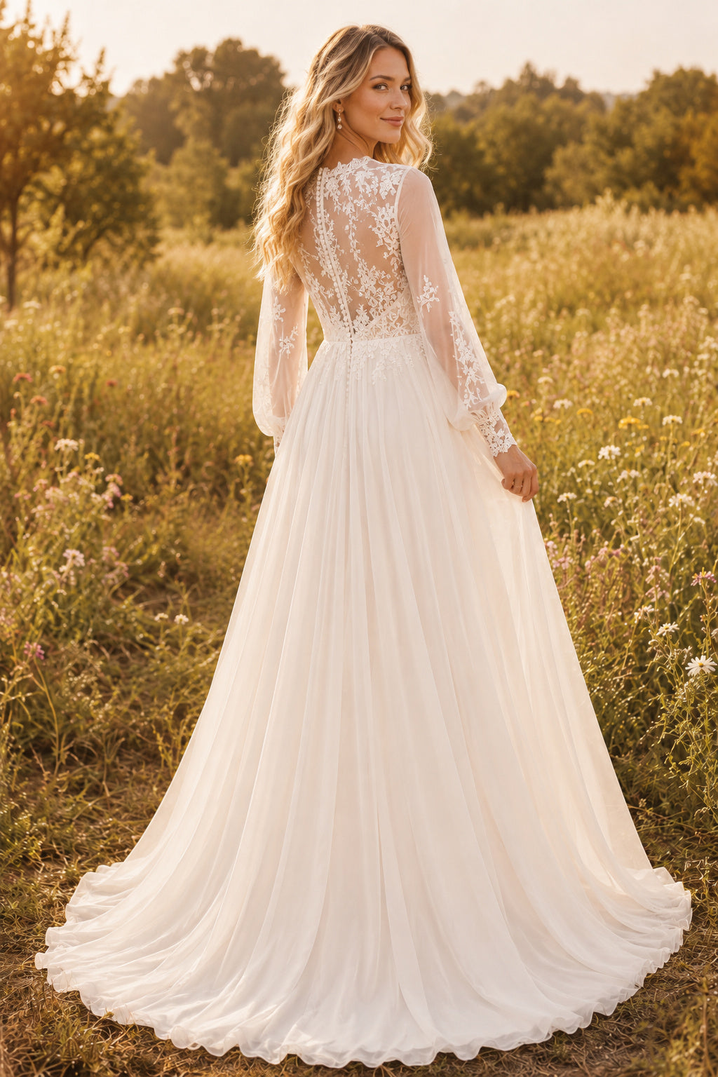 Ivory Boho High Neck A-Line Soft Tulle Wedding Dress with Long Puff Sleeves and Sweep Train Style MG_701347 back view