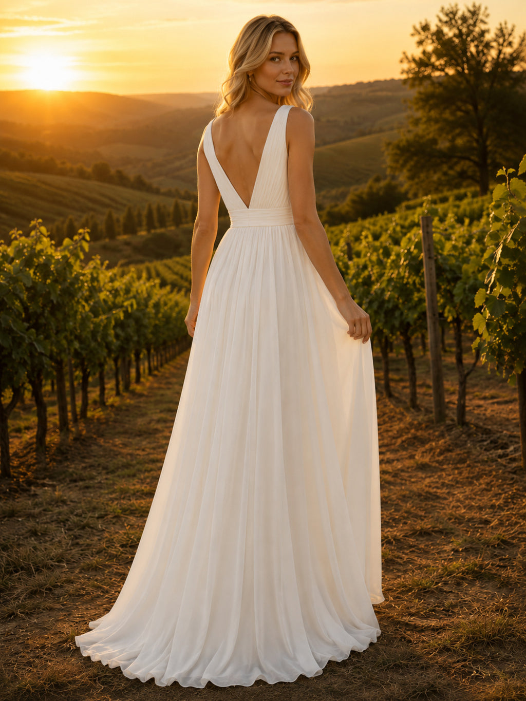 Flowing V-Neck Chiffon Vineyard Destination Elopement Bridal Gown back view