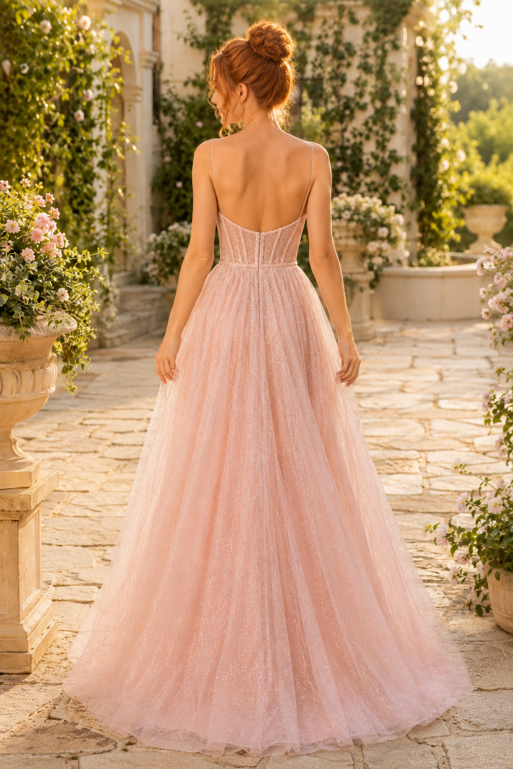 Blushing Pink strapless corset tulle A line dress with soft full skirt Floor-length A-Line Prom Dress back view