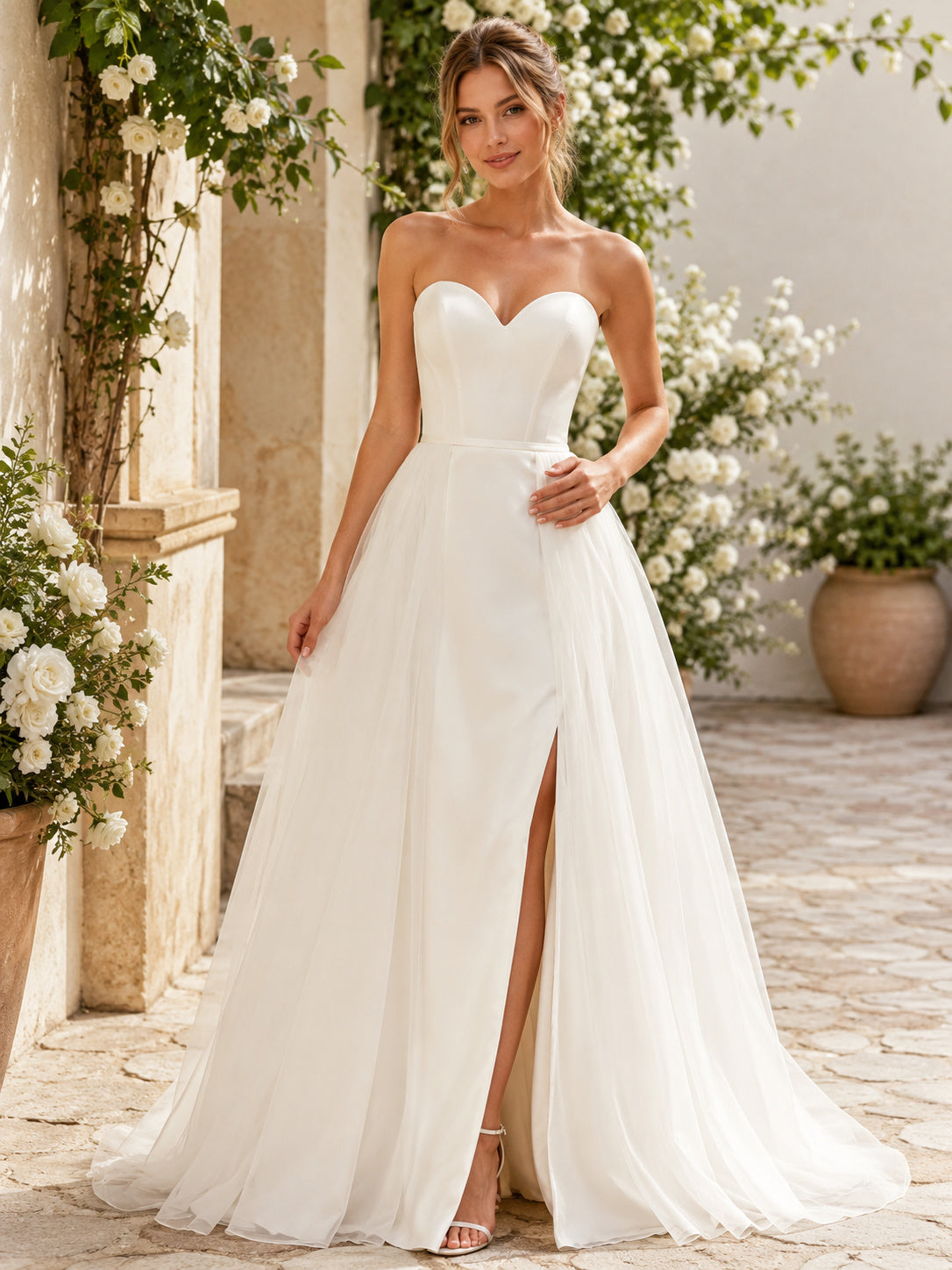 Beach Chiffon Wedding Dress A-Line Strapless Sweetheart Sweep Train with Slit Bridal Gown front view