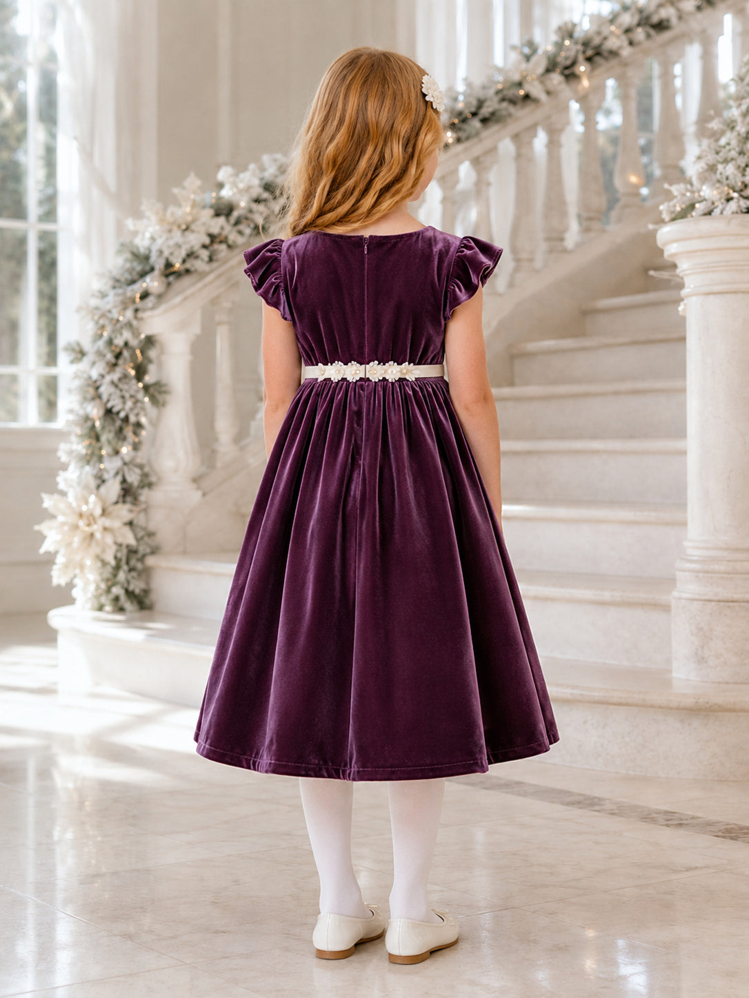 A-Line Lavender Velvet Satin Flower Girl Dress with Short Sleeve Jewel Neckline Tea-length and A Satin Sash And Bow Accent ba