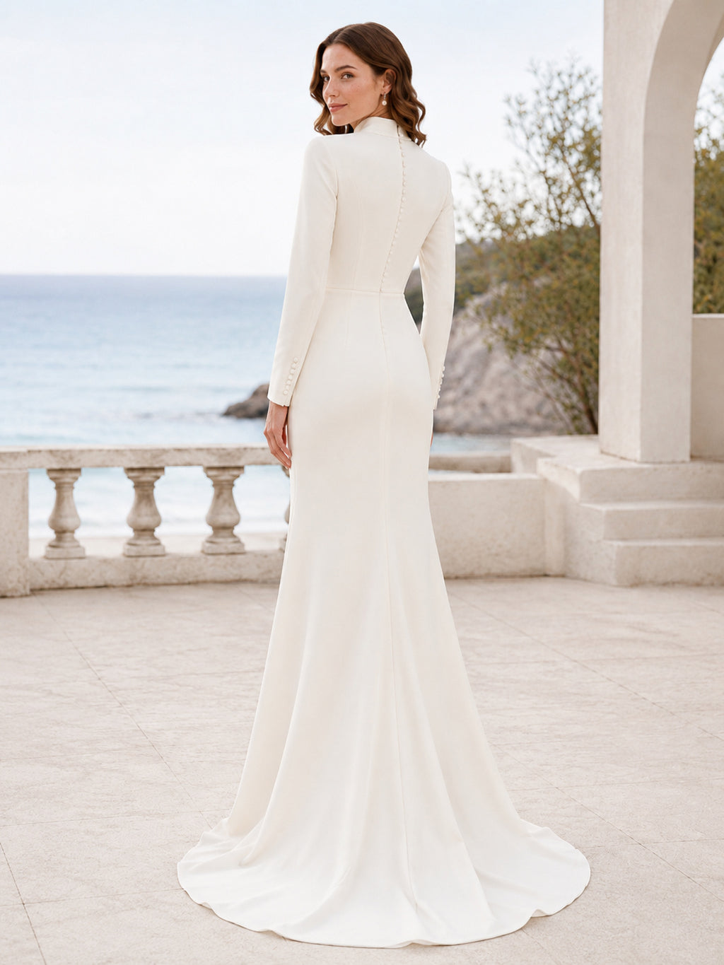 Modest Satin Wedding Dress Mermaid High Neck Long Sleeve Sweep Train Bridal Gown back view