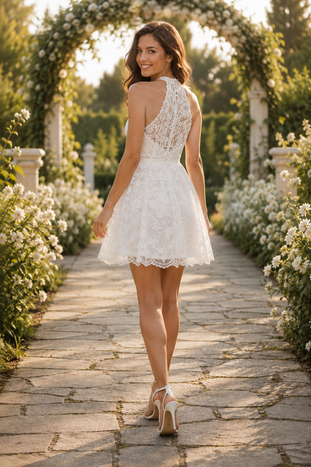 Ivory High Neck Lace Tulle A-Line Short Wedding Dress back view