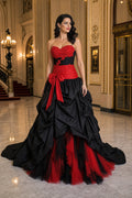 Black and Red Strapless Ball Gown Tulle, Satin Floor-length Formal Dress With Ruffles and Sash and Lace-up Back