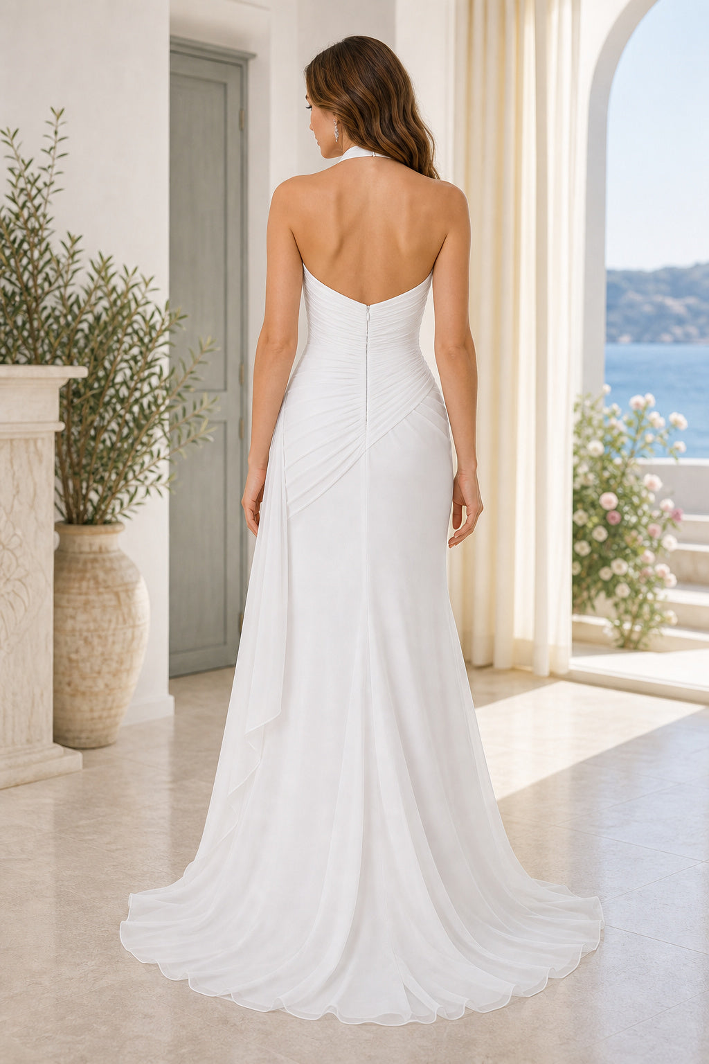 White Halter Sheath Chiffon Floor-length Wedding Dress With Pleats and Train and Open Back