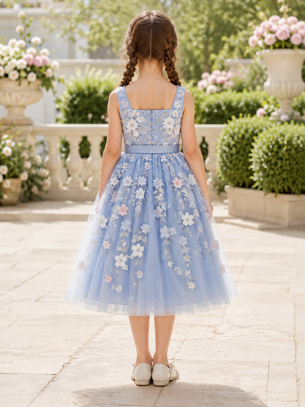 Sky Blue Floral Applique Sleeveless Tulle Flower Girl Tea-Length Garden Dress back view
