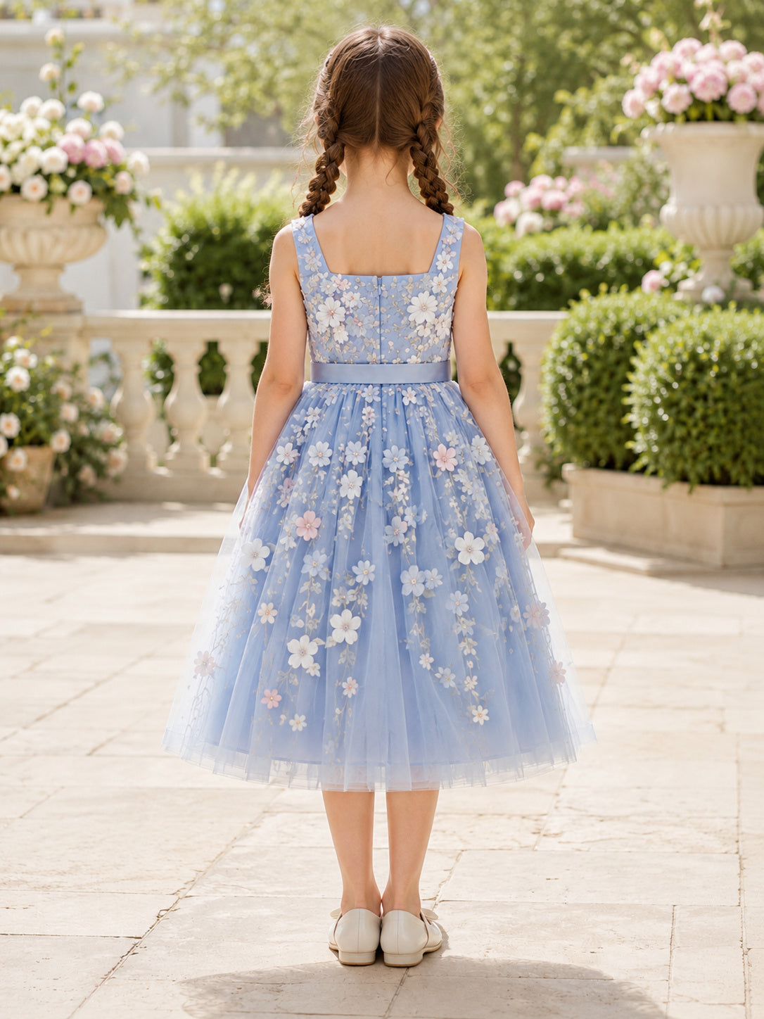 Sky Blue Floral Applique Sleeveless Tulle Flower Girl Tea-Length Garden Dress back view