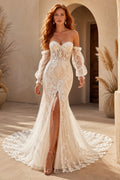 Ivory Off Shoulder Bell Sleeve Lace Mermaid Wedding Dress Split Train for Wedding Ceremony and Reception Style MG_701417 fron