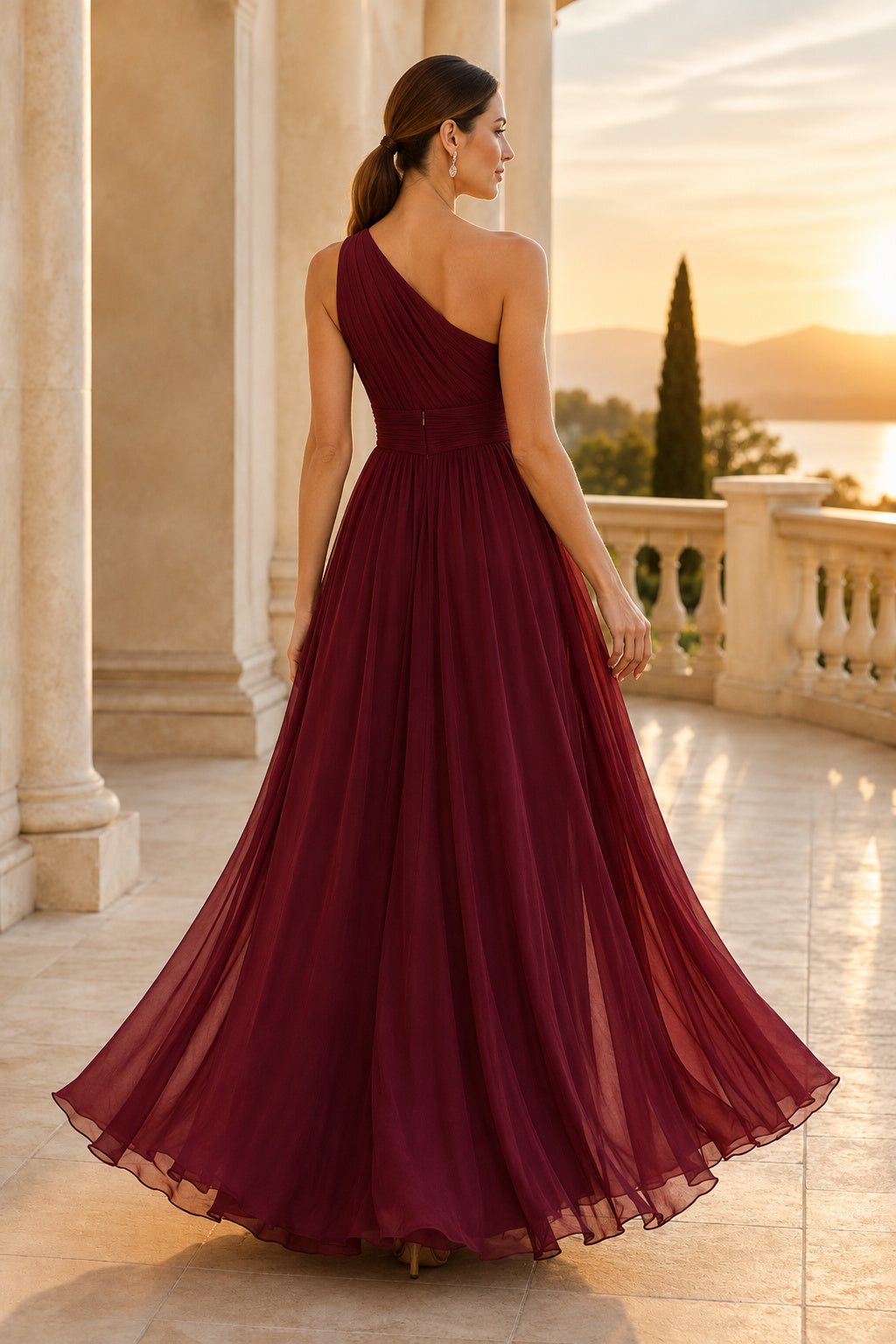 Burgundy One-Shoulder Chiffon A-Line Bridesmaid Dress with Flowing Skirt and Side Split back view