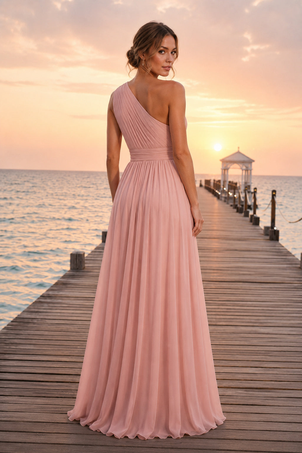Blush One-Shoulder Chiffon A-Line Formal Dress back view