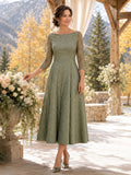 Sage Vintage Bateau Jacquard A-Line Tea-Length Mother of the Bride Dress with Three-Quarter Sleeves front view