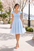 Light Blue Off-the-Shoulder A-Line Tulle Tea-Length Dress With Bow Back