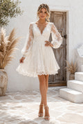 Ivory Long Sleeve Lace Mini Wedding Dress with V-Neckline and Low-V Back for Garden Reception front view