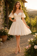 Ivory Off-the-Shoulder Lace Mini Wedding Dress with Puff Sleeves and Full Skirt for Garden Reception front view
