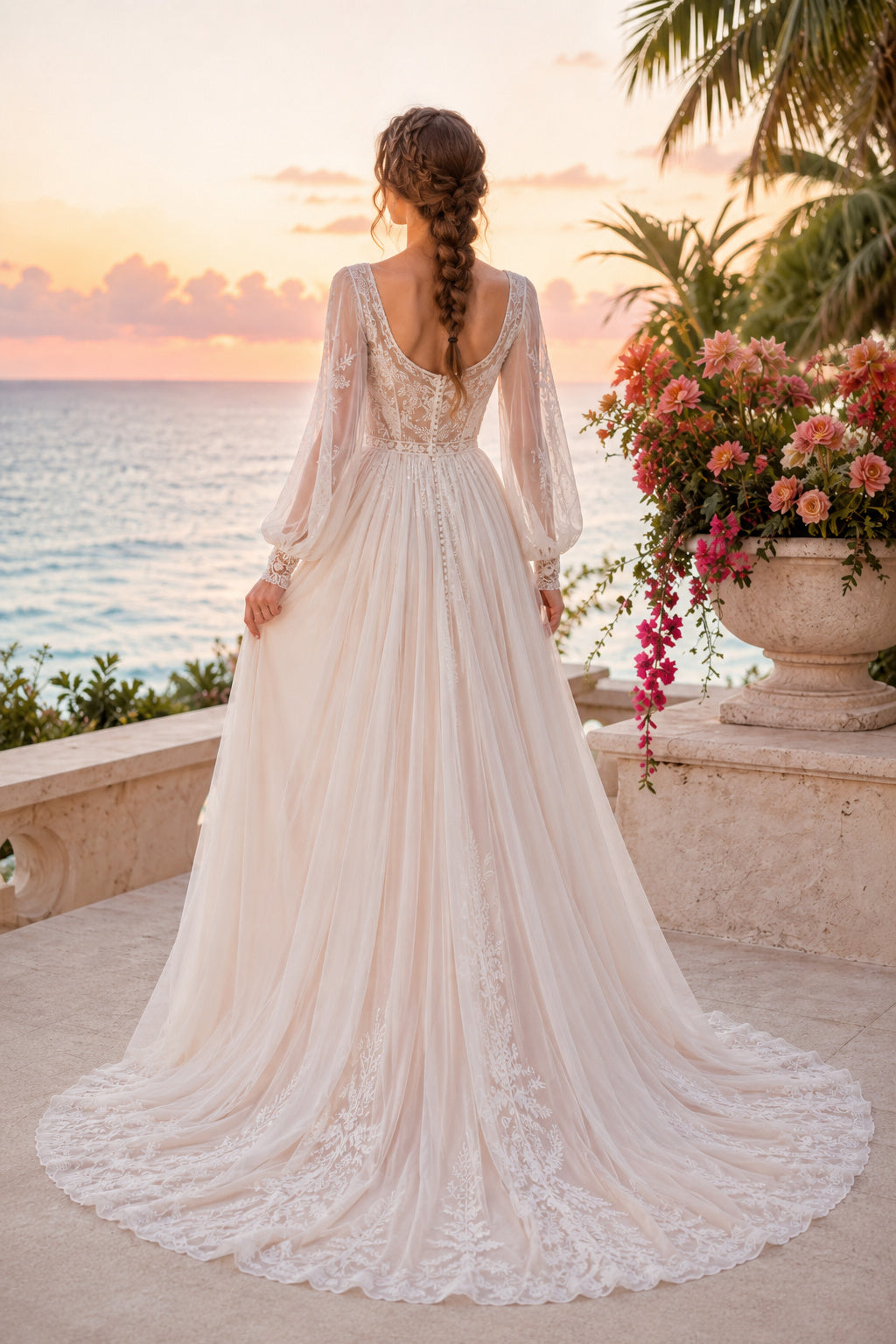 Blushing Pink Long Sleeve V-Neck Lace Tulle A-Line Wedding Dress for Bridal Ceremony and Reception back view