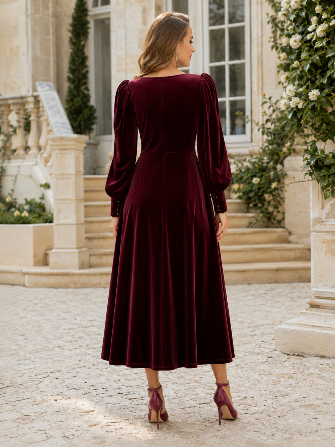 Burgundy Bateau Neck Puff Sleeve Velvet A Line Midi Guest Dress back view