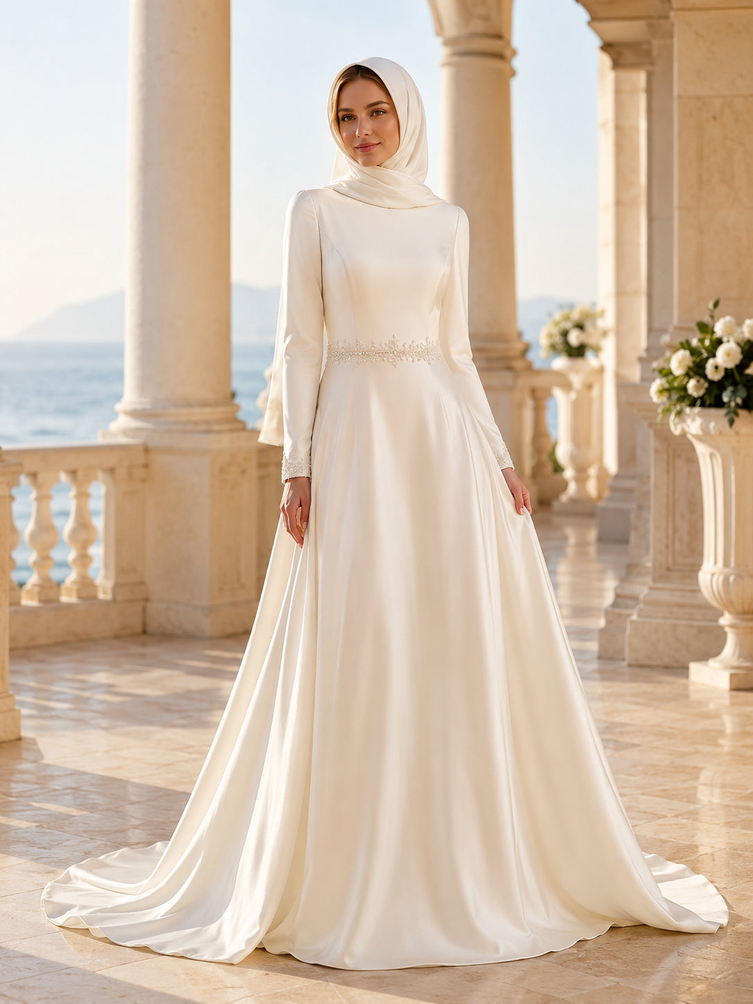 Muslim High Neck Satin Belted A Line Court Train Wedding Dress front view