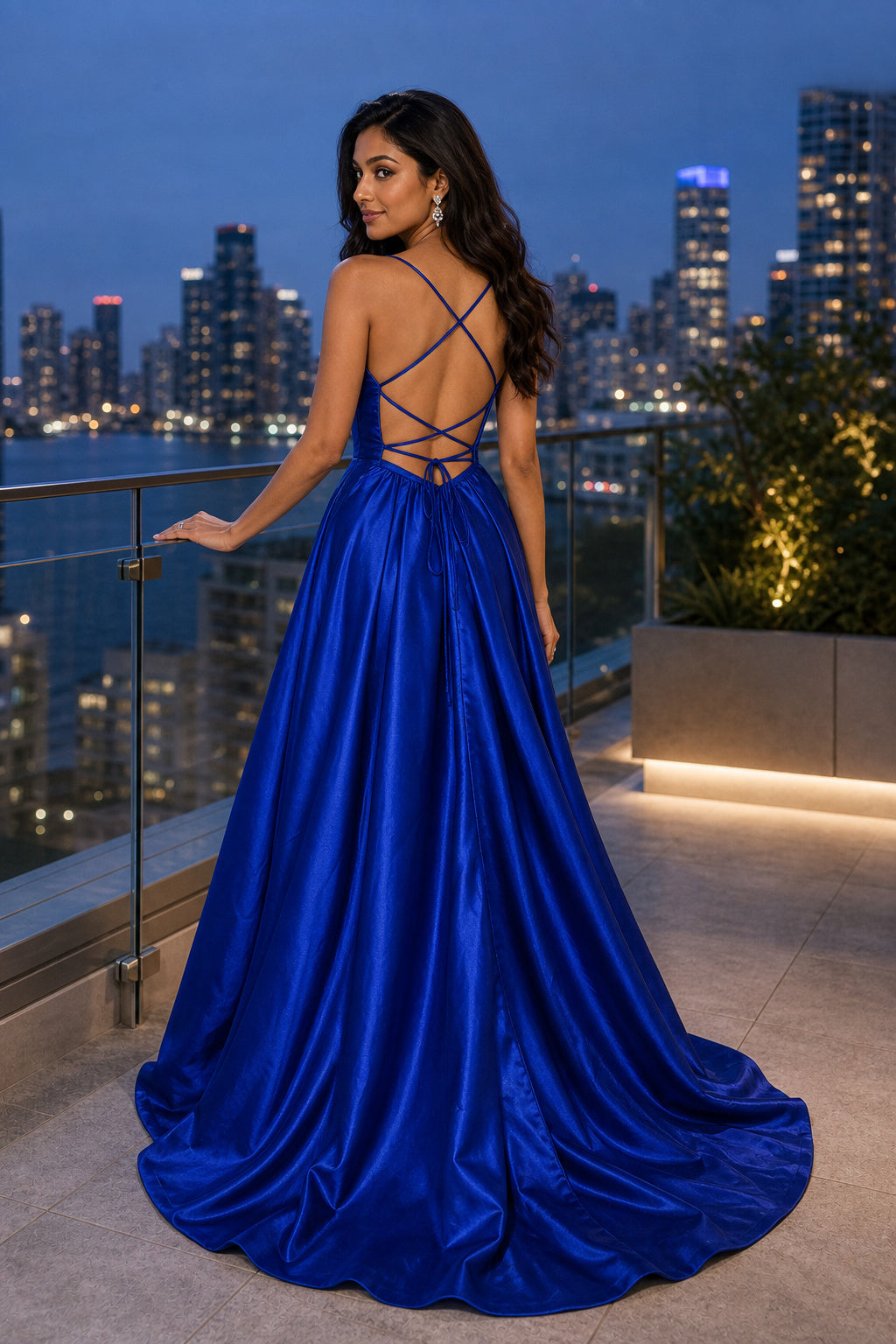 Royal Blue Spaghetti Strap A-Line Satin Floor-Length Dress With Front Slit and Criss-Cross Back