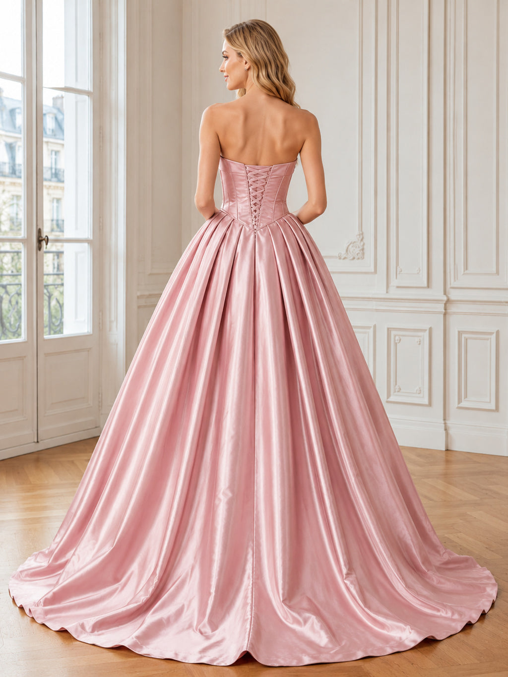 Luxury Dusty Rose Satin Prom Ball Gown Floor Length Strapless Corset Dress back view