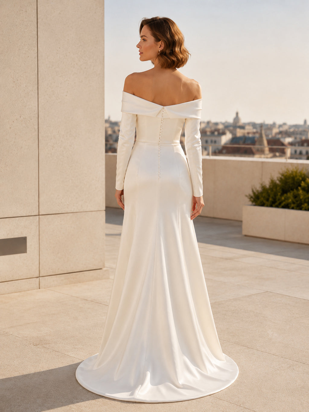 Modern Minimalist Off-Shoulder Long Sleeve Satin Civil Bridal Gown back view