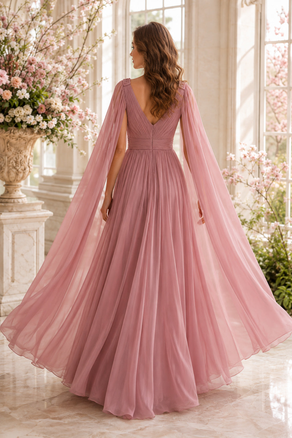 Dusty Rose V-Neck Chiffon A-Line Formal Dress with Long Cape Sleeves and Flowing Skirt back view
