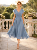 Dusty Blue V Neck Chiffon Tea Length A Line Guest Dress front view