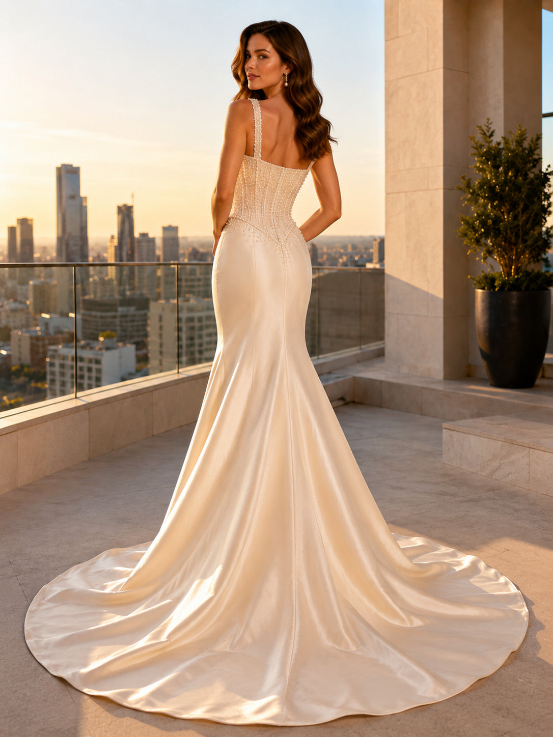 Champagne Square Neck Satin Mermaid Rooftop Bridal Gown back view