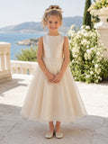 Flower Girl Dress Champagne Satin Tulle A-Line Jewel Neck Tea Length front view