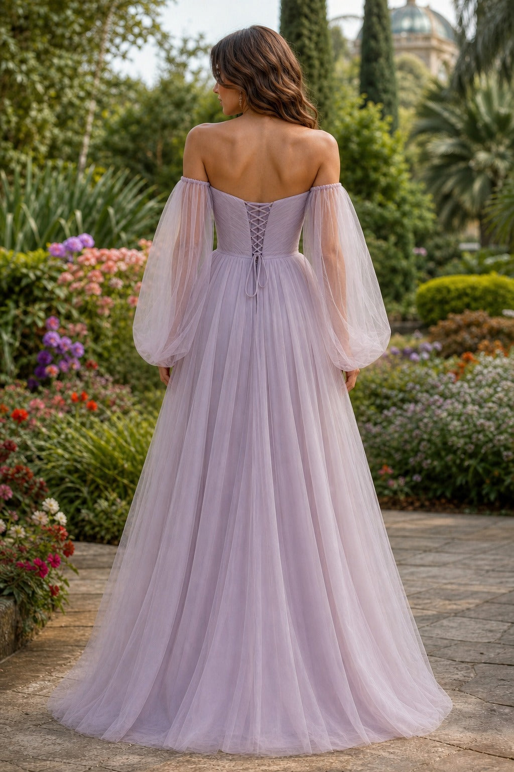 Lavender Off-the-Shoulder Floor-Length Tulle A-Line Dress