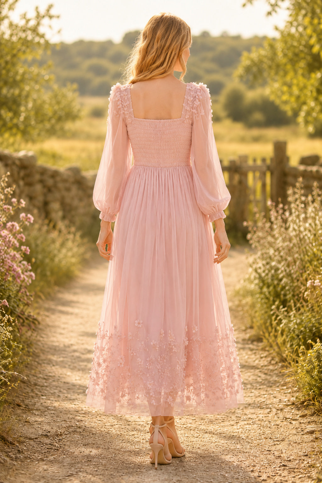 Blushing Pink Square Neck Long Sleeve Tea-Length Dress with Lace Hem back view