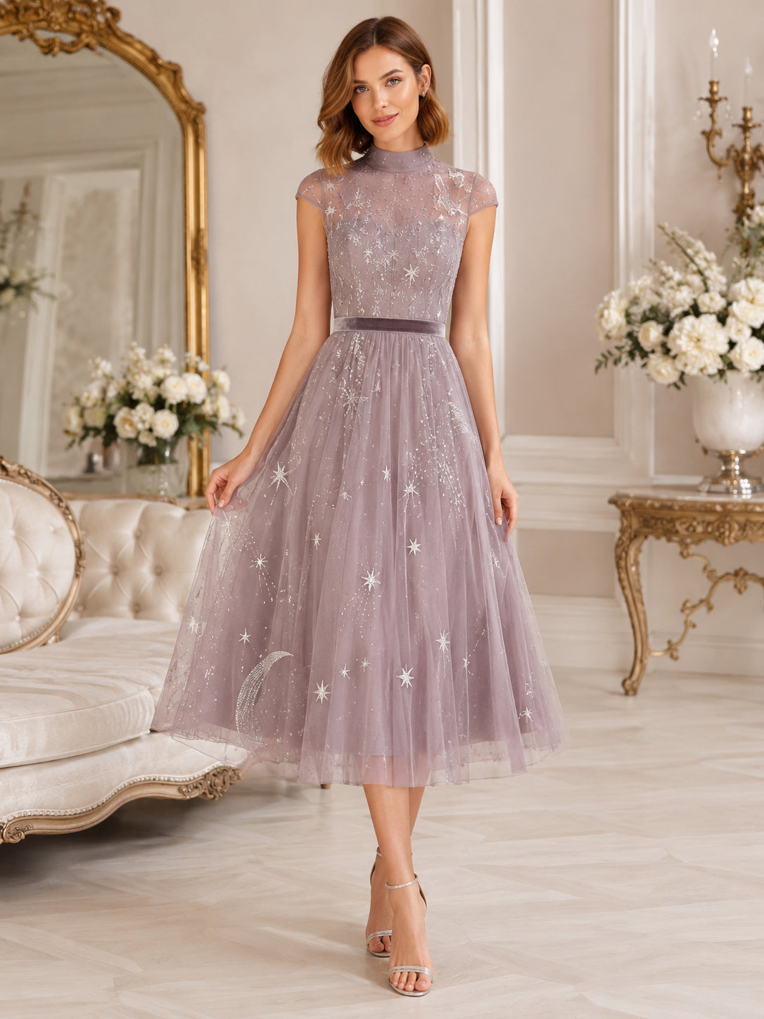 Wisteria High Neck Cap Sleeve Celestial Tulle A Line Tea Guest Dress front view