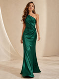 Emerald One Shoulder Draped Satin Floor Length Formal Gown front view