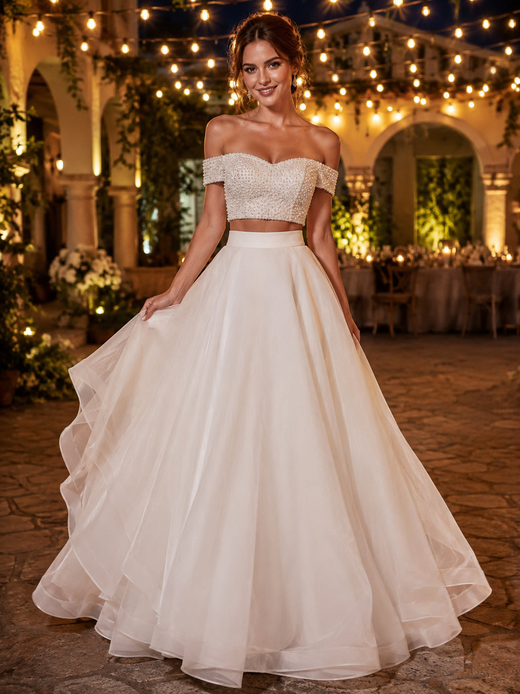 Beaded Off Shoulder Crop Top Tulle Ballroom Bridal Set front view