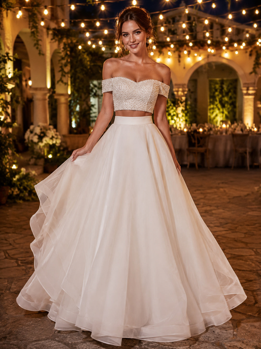 Beaded Off Shoulder Crop Top Tulle Ballroom Bridal Set front view