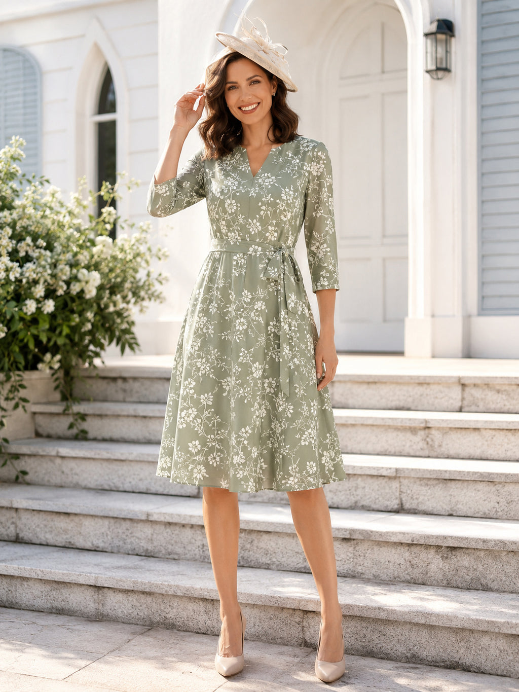 Sage Floral V Neck Three Quarter Sleeve Knee Length Church Dress front view
