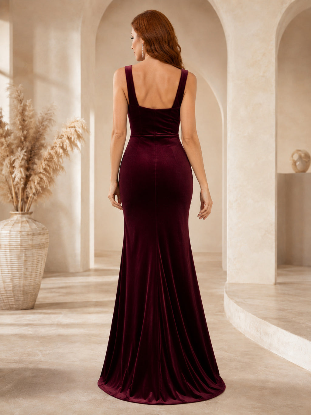 Burgundy Square Neck Velvet Mermaid Evening Dress back view