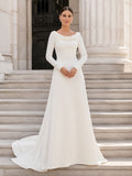Modest Bateau Long Sleeve A Line City Hall Wedding Dress front view