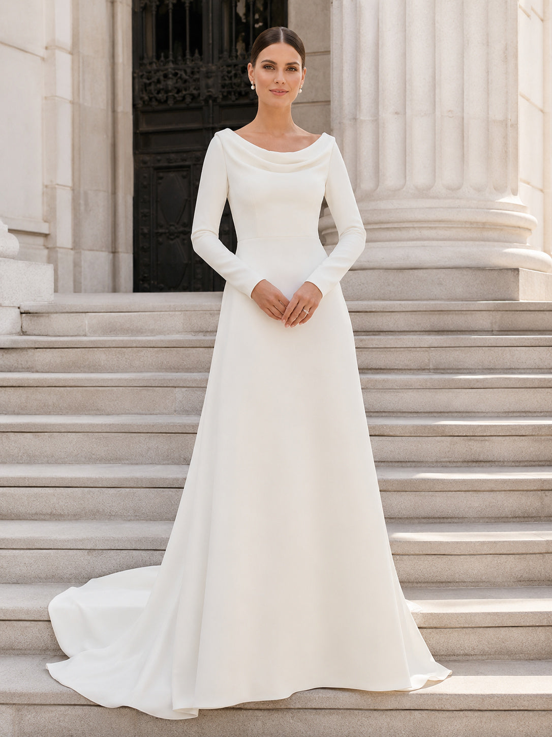 Modest Bateau Long Sleeve A Line City Hall Wedding Dress front view