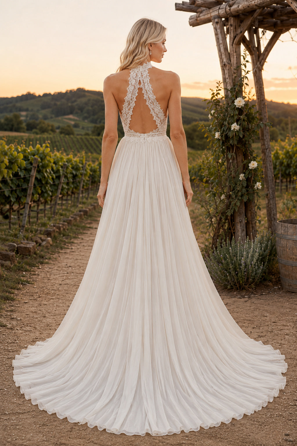 Boho Halter High Neck A-Line Wedding Dress with Lace Bodice and Open Keyhole Back back view