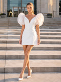 Short Dramatic Puff Sleeve V-Neck Bridal Mini Dress front view