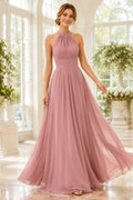Dusty Rose Halter Chiffon A-Line Bridesmaid Dress with Pleated Bodice front view