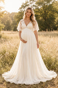 Ivory Maternity V-Neck Flutter Sleeve Chiffon A-Line Wedding Dress with Soft Train front view