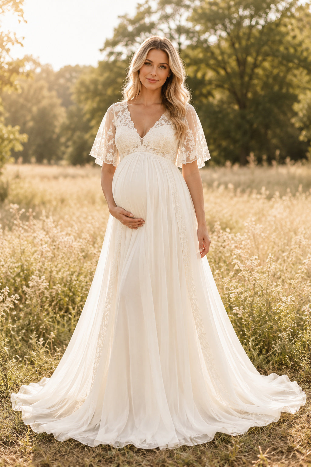 Ivory Maternity V-Neck Flutter Sleeve Chiffon A-Line Wedding Dress with Soft Train front view