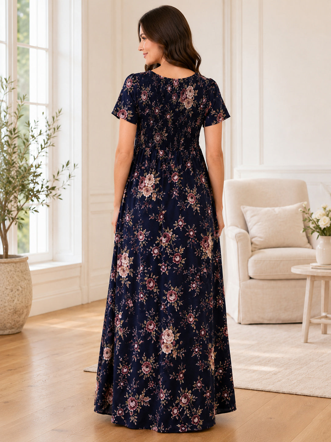 Dark Navy Floral Maternity Square Neck Short Sleeve Floor Length Evening Dress back view